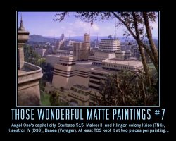 Those Wonderful Matte Paintings #7 --- Angel One's capital city, Starbase 515, Malcor III and Klingon colony Krios (TNG); Klaestron IV (DS9); Banea (Voyager). At least TOS kept it at two places per painting...